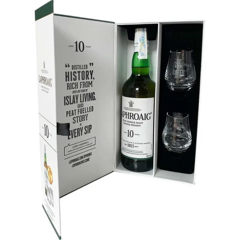 Laphroaig 10 éves whiskey díszdobozban 2 pohárral 40% 0,7 L