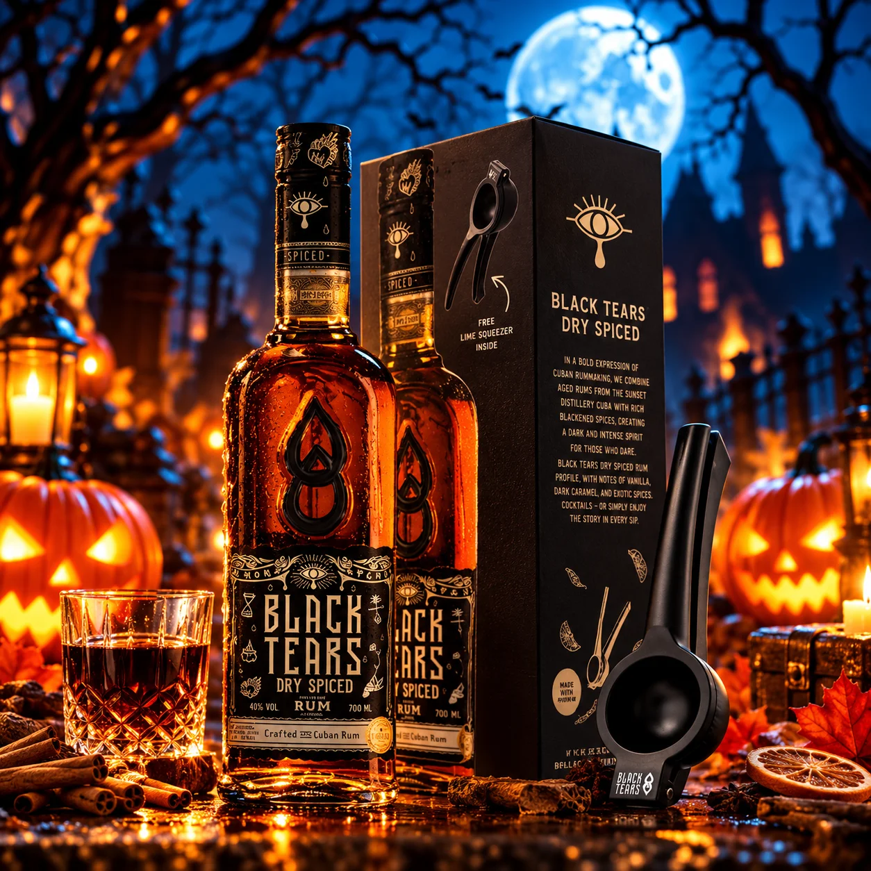 BLACK TEARS  Cuban Spiced Rum díszdobozban+ Ajándék limefacsaró  DRS 0.7 LITER